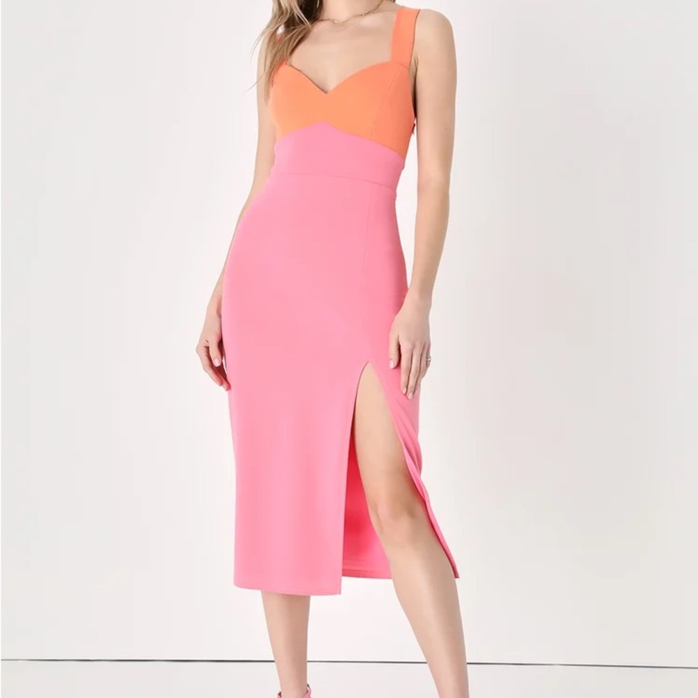 Lulu’s Most Loved Pink and Light Orange Colorblock Midi dress XL. NWT